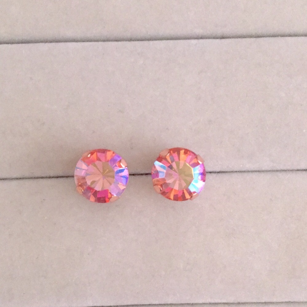 Iridescent Pink Rose Aurora Borealis Shimmer + Rose Gold Crystal Earrings - Picture 1 of 11